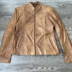 Joy Leather Cafe Racer Jacket Women L/XL Brown Slim Fit Moto Biker Streetwear